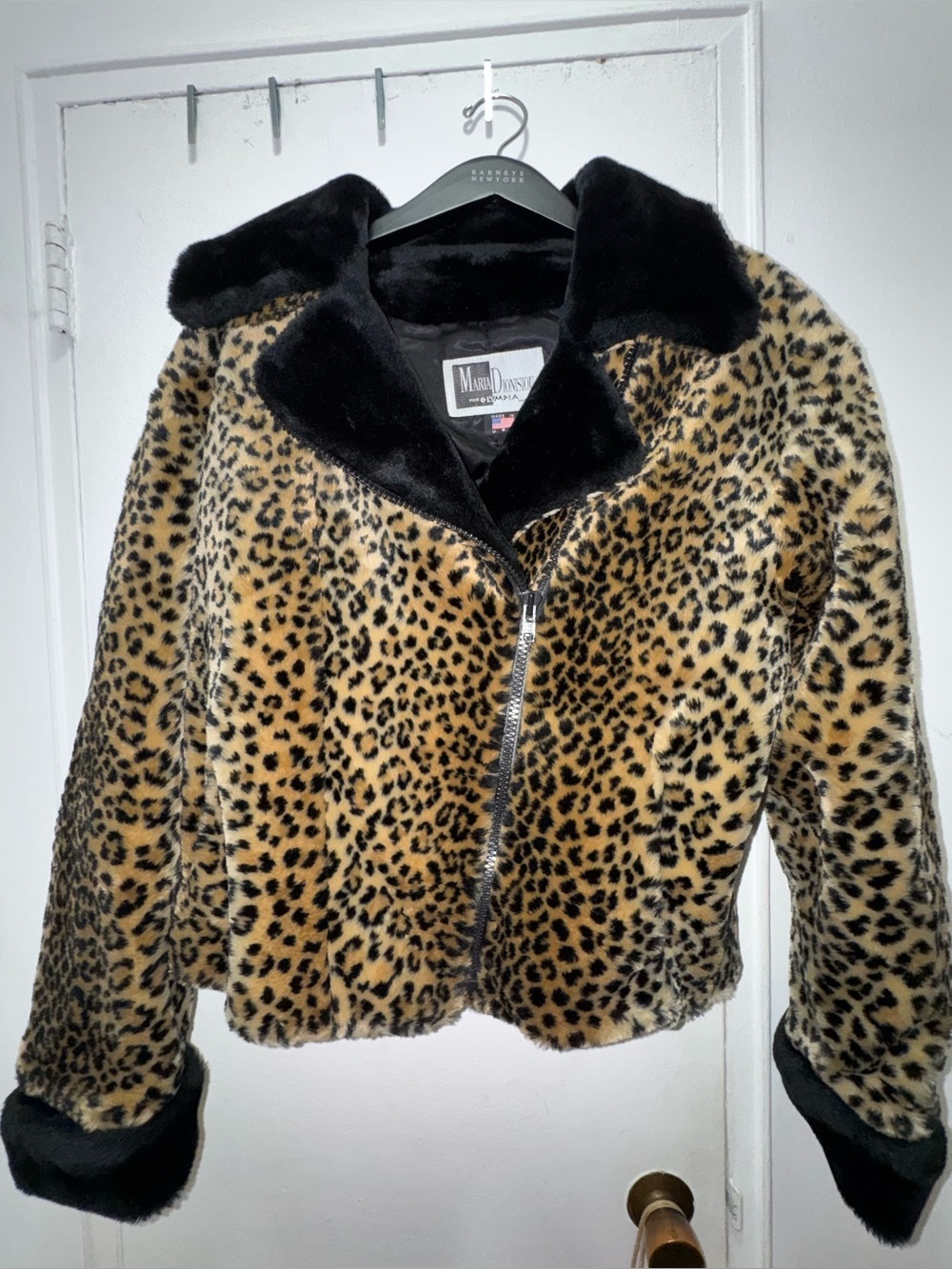 Vintage Maria Dionisiou for Olympia leopard print moto jacket faux fur medium